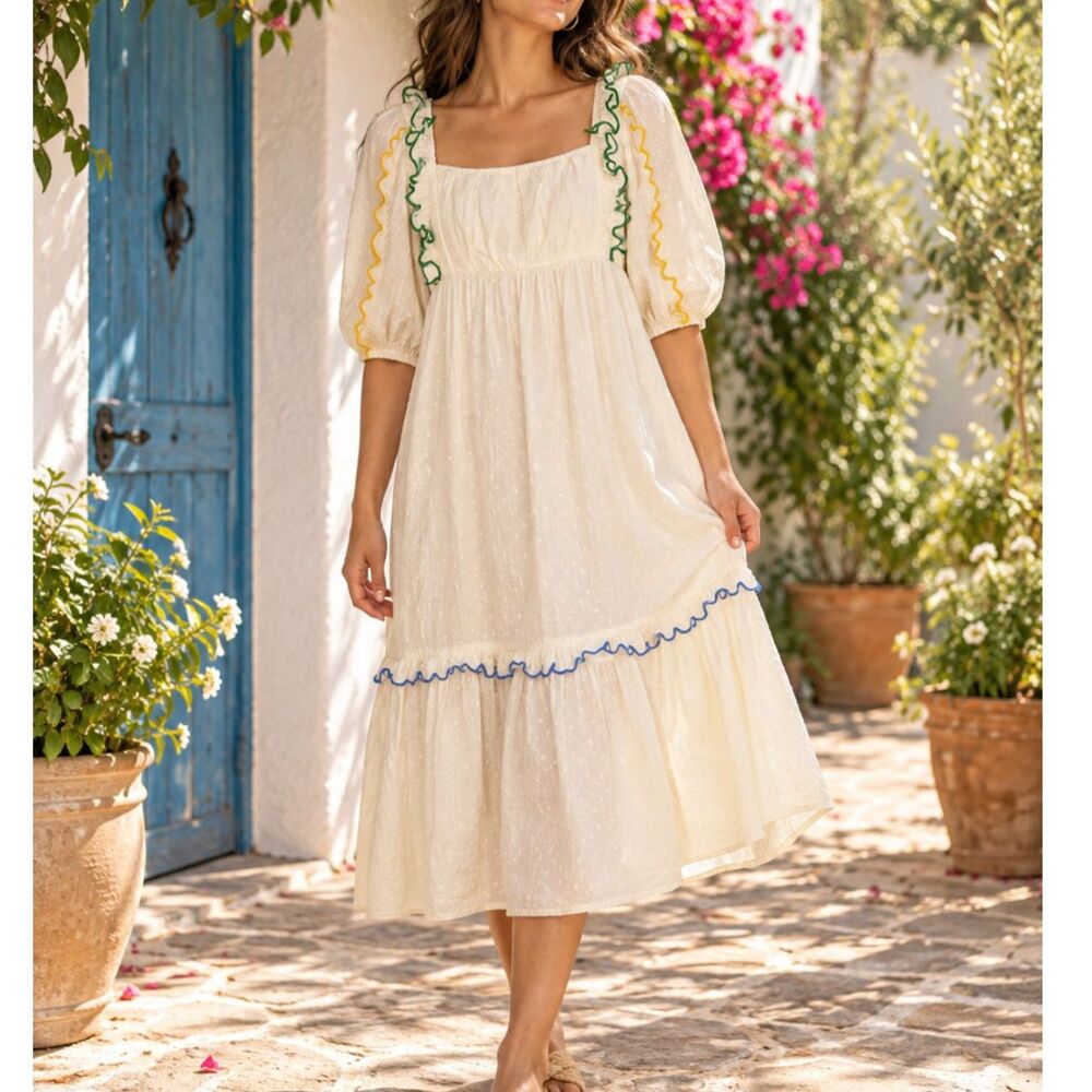 FARM Rio Off White Textured Puff Sleeve Midi Dress M Cottagecore Embroidered